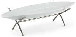24 x 2 Oval Serving Platter with Wire Stand, Porcelain   Silver and White