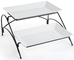 2 Tier Wire Serving Platter with (2) Melamine Trays   Black and White 19677