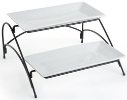 2 Tier Wire Serving Platter with (2) Porcelain Trays   Black and White 19678