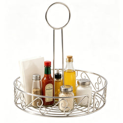 Condiment Caddy Table stove top Ketchup, Salt Peper Mustard Bottle Organizer, Scroll Design Chrome Finish 19690