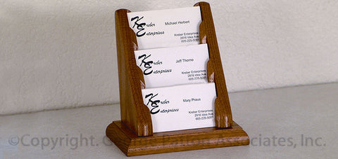 3 Tiered Business Card Holder for Tabletops, Wood Construction   Medium Oak