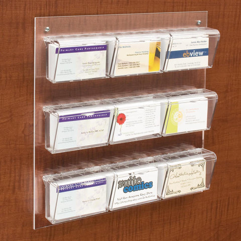 9 Pocket Acrylic Business Card Holder for Wall, Hinged Lids, Outdoor, Fits 540