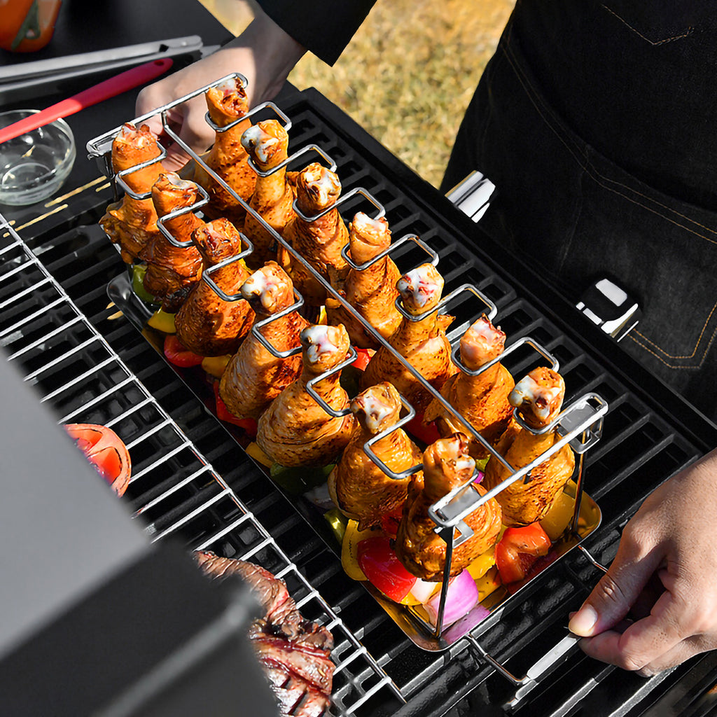 Chicken Leg Grill Smoke Rack with Tray 14 Slots Drumstick Holder Foldi ...