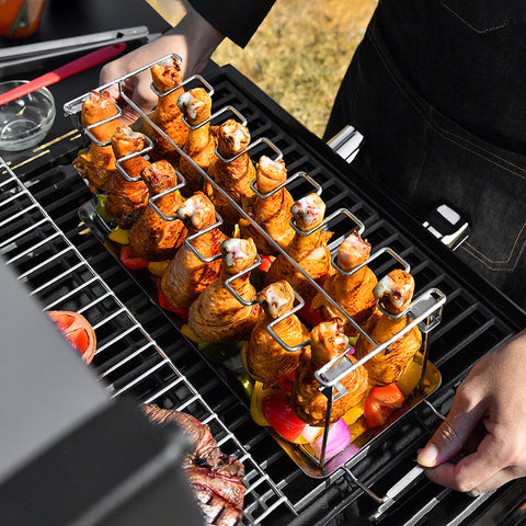 Chicken Leg Grill Smoke Rack with Tray 14 Slots Drumstick Holder