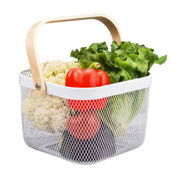 Mesh Metal Basket Storage Organizer Hanging Kitchen Fruit w/ Wood Handle 22001