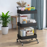 3-Tier Rolling Cart Utility Storage Rack Cart w/ Handle Wheels, Black 17X16X32 22036