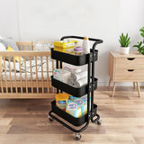3-Tier Rolling Cart Utility Storage Rack Cart w/ Handle Wheels, Black 17X16X32 22036