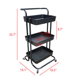3-Tier Rolling Cart Utility Storage Rack Cart w/ Handle Wheels, Black 17X16X32 22036