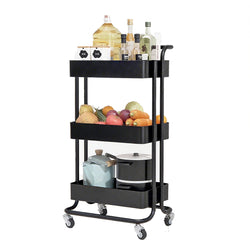 3-Tier Rolling Cart Utility Storage Rack Cart w/ Handle Wheels, Black 17X16X32 22036