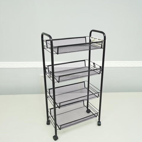 Black 4 17X10X33.5 Tier Rolling Storage Cart Metal Utility Cart Wheels Hooks 22249