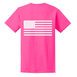 Pink T Shirt with Amercian Flag Imprint on Front Short Sleeve