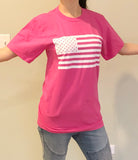 Pink T Shirt with Amercian Flag Imprint on Front Short Sleeve