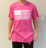 Pink T Shirt with Amercian Flag Imprint on Front Short Sleeve