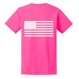 Pink T Shirt with Amercian Flag Imprint on Front Short Sleeve