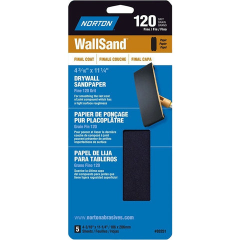 Norton 02299 4-3/16 x 11-1/4 120D WallSand Paper Cut Sheet (5pk) LANC-160641
