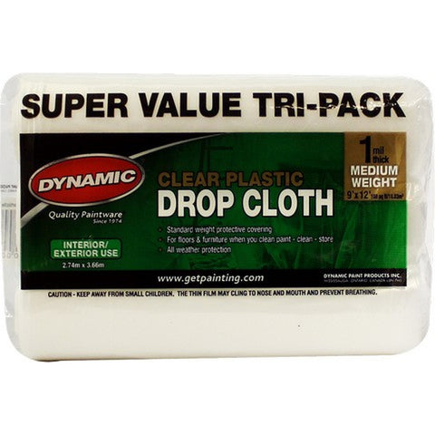 Dynamic 00379 9' x 12' 1mil Rolled Clear Plastic Drop Cloth (3pk) LANC-163742