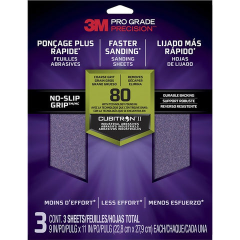 3M 26080TRI-3 9 x 11 Coarse (80 Grit) Pro Grade Precision Faster Sanding Sheets (3pk) LANC-207913