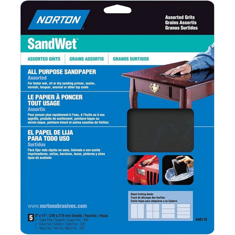 Norton 48110 9 x 11 SandWet Waterproof Paper Sheet Assortment (2ea SF, 2ea EF, 1ea VF) (5pk) LANC-21586