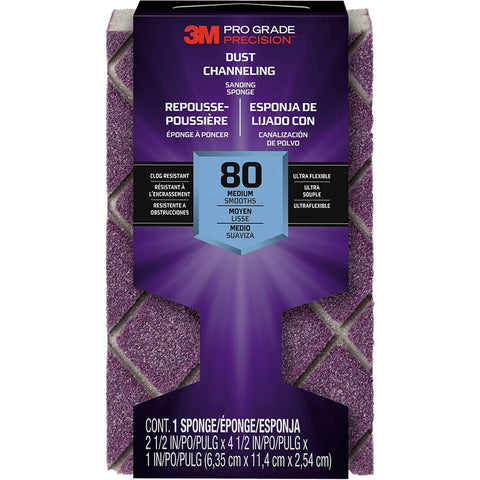 3M 2501TRI-80M-CH 4.5 x 2.5 Med (80 Grit) Pro Grade Precision Dust Channeling Block Sanding Sponge-1PK LANC-220972