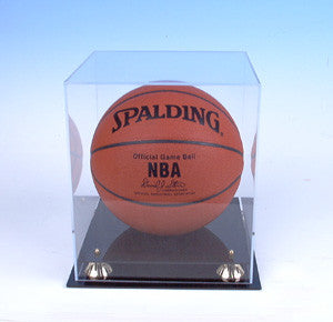 Acrylic Basketball Display case with black acrylic base and gold risers 100030