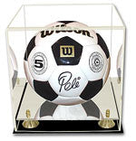 AcrylicSoccer ball Display case with black acrylic base and gold risers 100031