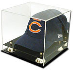 Acrylic Baseball Cap Display Case with black acrylic base and gold risers 100032