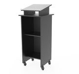 Black Wood Podium Pulpit Lectern Event with Prayer Hands Logo Debate Speech School Mobile on Wheel