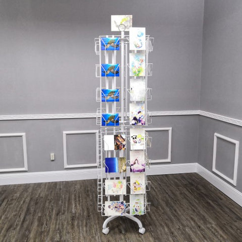 64 Adjustable Pockets Display Rack 5x7 7x5 up to 9.3" Wide X 8" Tall Cards, 1.27" deep Pockets, Double Tier Greeting Post Card Christmas Holiday Spinning Rack Stand White 11603-H-WHT