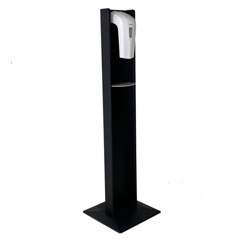 Wooden Mallet Gel Hand Sanitizer Dispenser on Wooden Floor Stand, with Drip Catcher, Black