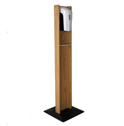 Wooden Mallet Gel Hand Sanitizer Dispenser on Wooden Floor Stand, with Drip Catcher, Light Oak, Made