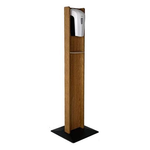 Mallet Gel Hand Sanitizer Dispenser on Wooden Floor Stand, with Drip Catcher