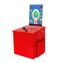 Box, Red Metal Donation Suggestion Charity Key Drop Fund Raising w/ Sign Holder 10918-red+11460-2