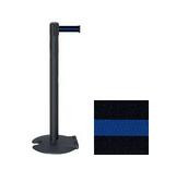 Wrinkle Black Stanchion Post with 7.5' Retractable Belt   Black w/ Blue Stripe