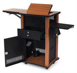 Multimedia Podium w/Tilting Desktop, Side Trays, Cabinet & Wheels   Cherry