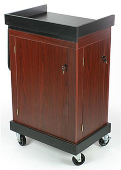 28 Media Cart with Enclosed Cabinet, Side Shelf, Locking Wheels   Mahogany