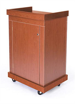 Mobile Lectern with Enclosed Cabinet, Pull out Shelf, Locking Wheels   Cherry