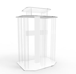 Podium, Clear Ghost Acrylic w/ 110V Lighted Cross Pulpit, Lectern - Assembled 1803-4+11673-WHITE