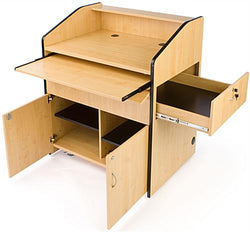Multimedia Podium with Cabinet, Side Drawer, Keyboard Tray & Wheels   Maple