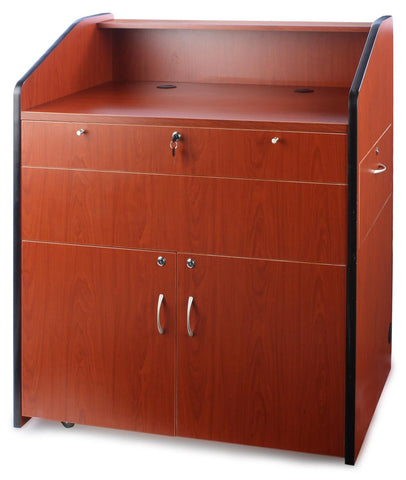 Multimedia Podium with Cabinet, Side Drawer, Keyboard Tray & Wheels - Cherry 119703