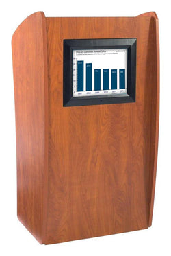 Podium for Floor, Built in 15 Monitor, Open Back with Shelving, Wheels   Cherry