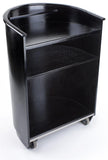Curved Podium for Floor, Open Back with Shelving, Wheels - Black 119732