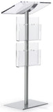 Acrylic Podium for Floor, Aluminum Pole & Base, 6 Brochure Pockets - Clear & Silver 119739