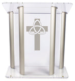 Acrylic Podium, Aluminum Sides, Large Reading Surface, Cross – Clear & Silver 119757