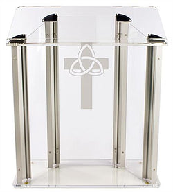Acrylic Podium, Aluminum Sides, Large Reading Surface, Cross ¨C Clear & Silver