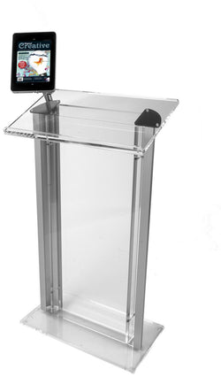 Acrylic Podium with iPad Enclosure Clamp   Clear & Silver