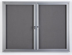 Enclosed Bulletin Board w/ Swing Doors, Locking   Silver with Gray Fabric