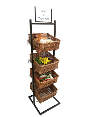 4 Tier Basket Stand Wicker Basket Bakery Rack Produce Stand Food Rack Fruit, Wicker - Black 120005