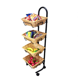 Rolling Wicker Basket Display Market Merchandiser Stand Kitchen Pantry Organizer 120009