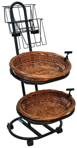 2 Tier Oval Basket Stand, 2 Tier Literature Holder, Rolling, Wicker - Black 120010