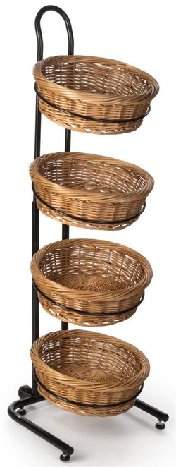 4 Tier Round Basket Stand, Height Adjustable, Wheels, Metal Frame, Wicker